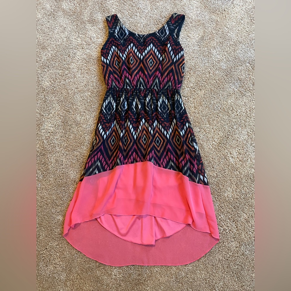 Geometric Patterned Dress with Pink Hem